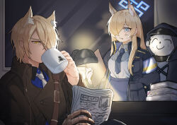 Rule 34 | 1girl, 2boys, anger vein, animal ear fluff, animal ears, arknights, armband, doodle sensei (blue archive), black hoodie, black necktie, blue archive, blue eyes, brown coat, clipboard, coat, collared shirt, commentary request, cup, desk lamp, doctor (arknights), dog boy, dog ears, dog girl, drinking, extra ears, gurumarider(gr), hair over one eye, halo, hand in pocket, highres, holding, holding clipboard, holding cup, holding newspaper, hood, hoodie, indoors, interrogation, kanna (blue archive), lamp, light, light brown hair, long hair, long sleeves, looking at another, male doctor (arknights), mlynar (arknights), mug, multiple boys, necktie, newspaper, police, police uniform, policewoman, reading, sensei (blue archive), sharp teeth, shirt, shoulder belt, sidelocks, sweat, nervous sweating, teeth, trait connection, uniform, white necktie, window, yellow eyes