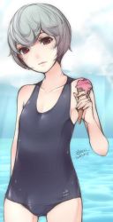 Rule 34 | 1girl, ejami, flat chest, food, ice cream, looking at viewer, one-piece swimsuit, original, short hair, solo, swimsuit, water