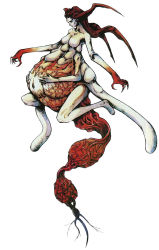 Rule 34 | 1girl, claws, eve (parasite eve), extra arms, holding stomach, horns, long hair, monster girl, nomura tetsuya, official art, pale skin, parasite eve, pregnant, red hair, solo, square enix, veins