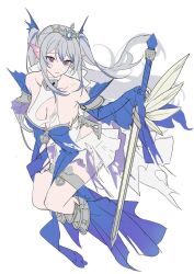 Rule 34 | 1girl, breasts, clothing cutout, collarbone, duel monster, fins, full body, head fins, holding, holding sword, holding weapon, long hair, medium breasts, purple eyes, red cucumber, side cutout, siren (mythology), skirt, sleeves past wrists, solo, sword, tearlaments scheiren, tiara, torn clothes, torn skirt, twintails, unfinished, weapon, white hair, yu-gi-oh!