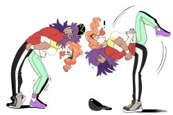 Rule 34 | !, &gt; &lt;, 1boy, 1girl, alternate costume, baseball cap, bent over, bright pupils, closed mouth, creatures (company), dark-skinned male, dark skin, dede (qwea 00000), eyelashes, eyewear on head, facial hair, from side, game freak, green nails, green pants, hair ornament, hat, heart, heart hair ornament, leon (pokemon), locked arms, long hair, looking back, motion lines, multiple views, nail polish, nintendo, open mouth, orange hair, pants, pokemon, pokemon swsh, purple footwear, purple hair, raglan sleeves, red shirt, shirt, shoes, short sleeves, side ponytail, smile, sneakers, sonia (pokemon), sunglasses, t-shirt, unworn hat, unworn headwear, white background, white pupils, white shirt, white wristband, yellow eyes