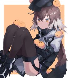Rule 34 | 1girl, arknights, beret, bird, bird girl, brown hair, brown thighhighs, chick, feather hair, female focus, garter straps, hat, legs, multicolored hair, plume (arknights), sasa onigiri, short hair, sitting, solo, thighhighs, two-tone background, two-tone hair, white background, yellow background, yellow eyes