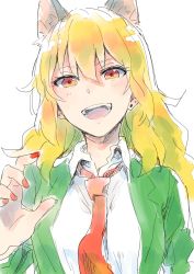 Rule 34 | 1girl, :d, bad id, bad twitter id, blonde hair, blush, collared shirt, commentary request, earrings, fingernails, green jacket, hair between eyes, hand up, highres, jacket, jewelry, long sleeves, looking at viewer, musshu (omu001), nail polish, necktie, open mouth, red eyes, red nails, red necktie, school uniform, shirt, simple background, sketch, smile, solo, upper body, white background, wing collar