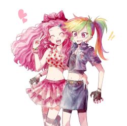 Rule 34 | 2girls, blush, bow, closed eyes, crop top, fingerless gloves, gloves, hair bow, highres, humanization, multicolored hair, multiple girls, mxx33, my little pony, open mouth, personification, pink hair, pink skirt, pinkie pie, ponytail, rainbow dash, rainbow hair, skirt, striped clothes, striped thighhighs, thighhighs