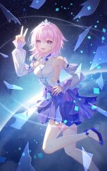 Rule 34 | 1girl, absurdres, ankle bow, ankle ribbon, aqinorz, armpits, bare shoulders, blue dress, blue eyes, blue footwear, bow, breasts, chinese commentary, commentary request, detached sleeves, dress, foot out of frame, hand on own hip, hand up, high heels, highres, honkai: star rail, honkai (series), leg ribbon, leg up, looking at viewer, march 7th (dress) (honkai: star rail), march 7th (honkai: star rail), medium breasts, medium hair, multicolored clothes, multicolored dress, official alternate costume, open mouth, pink eyes, pink hair, pumps, ribbon, smile, solo, thighhighs, tiara, two-tone eyes, v, white dress, white sleeves, white thighhighs
