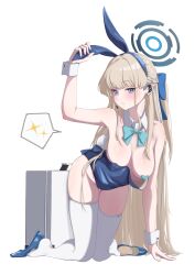 Rule 34 | 1girl, absurdres, animal ears, aqua bow, aqua bowtie, bare shoulders, blonde hair, blue archive, blue eyes, blue footwear, bow, bowtie, breasts, cleavage, commentary, detached collar, fake animal ears, halo, headset, heart pasties, highres, kneeling, knees together feet apart, long hair, looking at viewer, medium breasts, official alternate costume, pasties, rabbit ears, shoes, unworn shoes, simple background, solo, thighhighs, toki (blue archive), toki (bunny) (blue archive), very long hair, white background, white thighhighs, yn 6262