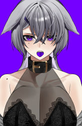 Rule 34 | 1girl, absurdres, animal ears, bare shoulders, breasts, cleavage, collar, colored tongue, crossed bangs, dog ears, earrings, grey hair, hair between eyes, highres, j.moon, jewelry, large breasts, long hair, looking at viewer, mole, mole on shoulder, mole under eye, multiple moles, open mouth, original, purple background, purple eyes, purple tongue, see-through, solo, upper body