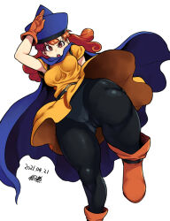 Rule 34 | 1girl, alena (dq4), belt, boots, breasts, cameltoe, cape, curly hair, curvy, dated, dragon quest, dragon quest iv, dress, gloves, hat, long hair, looking at viewer, medium breasts, open mouth, orange eyes, orange hair, panties, panties under pantyhose, pantyhose, signature, simple background, skirt, solo, thick thighs, thighs, tsukudani (coke-buta), underwear, white background, wide hips