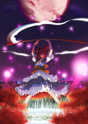 Rule 34 | 1girl, alternate weapon, arms up, bad id, bad pixiv id, breasts, cleavage, dress, female focus, flower, hair bobbles, hair ornament, highres, large breasts, magic circle, moon, night, night sky, okobo, one eye closed, onozuka komachi, red eyes, red hair, red moon, sandals, scythe, short hair, sky, smile, solo, spider lily, star (sky), star (symbol), starry sky, touhou, tsunekun, twintails, two side up, weapon, wink