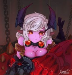 Rule 34 | 1girl, animated, animated gif, artist request, ass, breasts, chain, conversation, demon, fang, feet, horns, league of legends, long hair, lying, orange eyes, pantyhose, smile, talking, tattoo, vi (league of legends), white hair