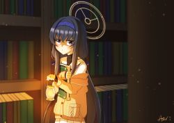Rule 34 | 1girl, absurdres, asuteru, bad id, bad pixiv id, black eyes, black hair, blue archive, book, bookshelf, commentary request, eyes visible through hair, hair between eyes, hairband, halo, highres, holding, holding book, holding lantern, jacket, jewelry, lantern, long hair, long sleeves, looking at viewer, low twintails, necklace, off shoulder, pocket, school uniform, serafuku, sidelocks, solo, sweater jacket, turtleneck, twintails, ui (blue archive)