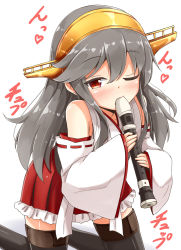 Rule 34 | 10s, 1girl, aikawa ryou, bare shoulders, black hair, black thighhighs, blush, brown eyes, detached sleeves, flute, hairband, haruna (kancolle), headgear, heart, highres, holding flute, holding instrument, instrument, japanese clothes, kantai collection, long hair, nontraditional miko, one eye closed, pleated skirt, recorder, red skirt, ribbon-trimmed sleeves, ribbon trim, skirt, solo, thighhighs, white background, wide sleeves