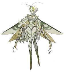 Rule 34 | 1girl, antennae, arthropod girl, arthropod limbs, carapace, closed mouth, colored sclera, colored skin, extra arms, full body, green pupils, green sclera, green skin, hair between eyes, hand on own hip, highres, horns, insect wings, looking at viewer, mantis girl, monster girl, multicolored skin, no feet, original, ruteko (ruko220), short hair, simple background, solo, standing, twitter username, white background, white hair, white skin, wings, yellow eyes, yellow skin