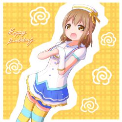Rule 34 | 1girl, aozora jumping heart, artist name, artist request, blue shorts, blush, brown eyes, brown hair, earrings, elbow gloves, female focus, frambonaiwa, furanbo star, gloves, hat, hat ribbon, jewelry, kunikida hanamaru, light brown hair, long hair, looking at viewer, love live!, love live! sunshine!!, neckerchief, own hands together, ribbon, sailor collar, short shorts, short sleeves, shorts, shorts under skirt, single elbow glove, single glove, skirt, smile, solo, sparkle, standing, striped clothes, striped thighhighs, thighhighs, white gloves, white hat, white skirt, yellow eyes, yellow ribbon