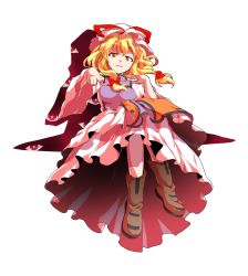 Rule 34 | 1girl, alphes (style), blonde hair, boots, bow, breasts, brown footwear, dairi, dress, eyebrows, facing viewer, full body, gap (touhou), hair between eyes, hair bow, hat, hat ribbon, highres, long hair, long sleeves, looking at viewer, medium breasts, mob cap, open mouth, parody, red bow, red ribbon, ribbon, solo, style parody, tabard, touhou, transparent background, turtleneck, white dress, white hat, wide sleeves, yakumo yukari, yellow eyes, yin yang
