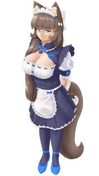 Rule 34 | 1girl, absurdres, animal ear fluff, animal ears, arms behind back, bell, blue eyes, bow, bowtie, breasts, brown hair, brown tail, cat ears, cat girl, cat tail, cleavage, collar, fluffy, green eyes, heart-shaped ornament, heels, highres, large breasts, long hair, looking to the side, maid, maid headdress, multicolored eyes, nekopara, original, ribbon, simple background, solo, tail, takie, takie arts, thighhighs, very long hair, white background