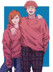 Rule 34 | 1boy, 1girl, arm around neck, artist name, baggy clothes, blue background, blue legwear, blue pants, bob cut, border, brown hair, eyebrows, eyelashes, facial mark, hand in pocket, hand on another&#039;s shoulder, height difference, highres, hug, itadori yuuji, jujutsu kaisen, kugisaki nobara, leaning on person, leaning to the side, lips, lipstick, long sleeves, makeup, matching outfits, nu erem012, open mouth, orange eyes, pale skin, pants, pink hair, pink sweater, plaid, plaid pants, purple legwear, purple pants, scar, scar on face, shirt partially tucked in, shirt tucked in, short hair, sleeves past elbows, sleeves past wrists, smile, standing, sweater, teeth, tongue, undercut, watermark, white border, yellow eyes