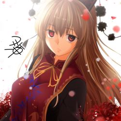 Rule 34 | 1girl, backlighting, blonde hair, chinese clothes, commentary request, crescent, flower request, hair between eyes, junko (touhou), legacy of lunatic kingdom, long hair, looking at viewer, petals, pom pom (clothes), signature, solo, tabard, touhou, white background, yua (checkmate)