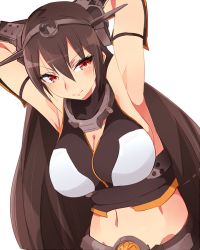 Rule 34 | 10s, 1girl, armpits, arms behind head, arms up, bad id, bad pixiv id, blush, breasts, brown hair, cleavage, groin, hair between eyes, hairband, hibimegane, kantai collection, large breasts, long hair, looking at viewer, midriff, nagato (kancolle), navel, personification, red eyes, smile, solo, standing