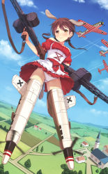 Rule 34 | 1girl, aircraft, airplane, animal ears, apron, balkenkreuz, blue sky, blush, cloud, commentary request, cross, day, dirndl, dog ears, dog tail, double-drum magazine, dress, drum magazine, dual wielding, flying, frills, general-purpose machine gun, german clothes, gertrud barkhorn, gun, gun sling, high-capacity magazine, highres, holding, holding weapon, long hair, looking at viewer, machine gun, magazine (weapon), mg42, official alternate costume, outdoors, panties, pantyshot, puffy short sleeves, puffy sleeves, red dress, saddle-drum, short dress, short sleeves, sky, smile, solo, strike witches, striker unit, tail, underbust, underwear, upskirt, weapon, white panties, world witches series, yokaze japan