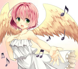 Rule 34 | 1girl, bare shoulders, dress, eighth note, feathered wings, gradient background, green eyes, harpy (puyopuyo), musical note, open mouth, pink hair, puyopuyo, solo, white dress, wings, yoshino saku