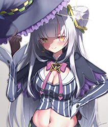 Rule 34 | 1girl, alternate breast size, black hat, black shirt, breasts, brown gloves, cleavage, closed mouth, earrings, gloves, grey hair, hat, highres, holding, holding clothes, holding hat, hololive, jewelry, long hair, looking at viewer, medium breasts, midriff, murasaki shion, murasaki shion (1st costume), navel, pink hair, shirt, smile, solo, sparkle, striped clothes, striped shirt, unworn hat, unworn headwear, vertical-striped clothes, vertical-striped shirt, virtual youtuber, yellow eyes, yo na