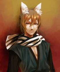 Rule 34 | 1boy, animal ears, arms at sides, bad id, bad pixiv id, fire emblem, fire emblem fates, fox ears, gradient background, hair between eyes, kaden (fire emblem), male focus, matching hair/eyes, nintendo, orange eyes, orange hair, ouse (otussger), pectorals, red background, scarf, solo, striped clothes, striped scarf, v-shaped eyebrows, yellow background