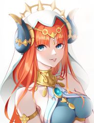 Rule 34 | 1girl, absurdres, bad id, bad pixiv id, bare shoulders, blue eyes, breasts, brooch, commentary, genshin impact, grin, hamonji, highres, horns, jewelry, long hair, looking at viewer, medium breasts, nilou (genshin impact), orange hair, parted lips, simple background, smile, solo, upper body, veil, white background