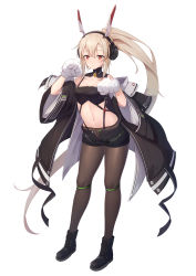 Rule 34 | 1girl, absurdly long hair, absurdres, animal hands, artist name, ayanami (azur lane), ayanami (rock &#039;n&#039; demon) (azur lane), azur lane, bare shoulders, bell, black coat, black footwear, black pantyhose, black shorts, black tube top, blush, breasts, chinese commentary, cleavage, closed mouth, coat, collarbone, commentary request, crop top, full body, gloves, hair between eyes, hair ornament, headgear, headphones, high ponytail, highres, layered clothes, leg strap, long hair, looking at viewer, midriff, navel, off shoulder, open fly, orange eyes, pantyhose, pantyhose under shorts, paw gloves, paw pose, platinum blonde hair, ponytail, retrofit (azur lane), shoes, short shorts, shorts, sidelocks, simple background, solo, standing, strapless, tube top, very long hair, white background, white coat, yansuiyuluo