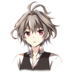 Rule 34 | 1boy, antenna hair, black vest, brown hair, collarbone, collared shirt, cropped torso, fate/apocrypha, fate (series), hair between eyes, hair intakes, looking at viewer, male focus, parted lips, red eyes, shirt, sieg (fate), simple background, solo, tachitsu teto, upper body, vest, white background, white shirt