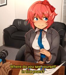 Rule 34 | 1girl, 1other, absurdres, bad arm, black jacket, blue eyes, blush, bow, camera, casting couch, closed mouth, collared shirt, couch, doki doki literature club, english text, hair between eyes, hair bow, highres, indoors, jacket, khyle., meme, open clothes, open jacket, paper, pink hair, red bow, sayori (doki doki literature club), shirt, short hair, sideways glance, smile, table, white shirt