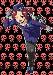 Rule 34 | 1girl, bag, black pantyhose, blush, collarbone, duel monster, fang, female focus, gloves, handbag, hat, leaning forward, looking at viewer, one eye closed, open mouth, pantyhose, red eyes, red hair, salute, shoes, short hair, skirt, skull, skull print, smile, solo, standing, tour guide from the underworld, twintails, uniform, white gloves, wink, yu-gi-oh!, yu-gi-oh! duel monsters