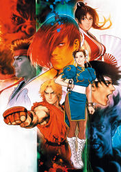 Rule 34 | 2girls, 6+boys, black hair, blonde hair, boots, bracelet, brown hair, bun cover, capcom, china dress, chinese clothes, chun-li, clenched hand, clenched teeth, crossover, double bun, dress, hand fan, fatal fury, folding fan, full body, akuma (street fighter), hair over one eye, hand on own hip, headband, highres, jewelry, ken masters, kusanagi kyou, mori toshiaki, mr. karate, multiple boys, multiple girls, official art, pantyhose, pelvic curtain, ponytail, ryu (street fighter), serious, shiranui mai, smile, snk, spiked bracelet, spikes, street fighter, svc chaos, teeth, the king of fighters, yagami iori