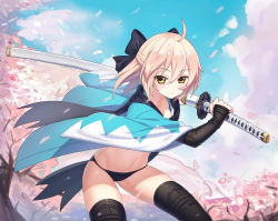 Rule 34 | 1girl, ahoge, arm guards, black bow, black panties, black scarf, black thighhighs, blonde hair, blue sky, blush, bow, cherry blossoms, chunrijun (springer), collarbone, commentary request, day, fate/grand order, fate (series), fighting stance, guangfu bao tong meng0-0, hair between eyes, hair bow, half updo, highres, holding, holding sword, holding weapon, koha-ace, leaning forward, long sleeves, navel, okita souji (fate), okita souji (koha-ace), panties, pantyshot, petals, scarf, serious, sheath, sheathed, shinsengumi, short hair, sky, solo, spring (season), stomach, sword, thighhighs, thighs, tree, tsurime, underwear, unsheathing, weapon, wide sleeves, yellow eyes