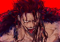 Rule 34 | 1boy, ame ekai, blood, blood on face, bloody tears, commentary request, eustass kid, goggles, highres, looking at viewer, male focus, one piece, open mouth, red background, red eyes, red hair, short hair, simple background, smile, solo, teeth, tongue, tongue out