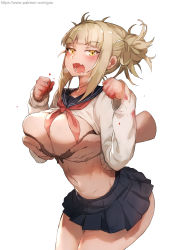 Rule 34 | 10s, 1girl, black bra, blonde hair, blood, blood on clothes, blue sailor collar, blue skirt, blunt bangs, boku no hero academia, bra, grabbing another&#039;s breast, breast hold, breasts, cardigan, clothes lift, double bun, fangs, gao (gaolukchup), grabbing, grabbing from behind, hair bun, hands up, highres, large breasts, legs together, long sleeves, looking at viewer, miniskirt, navel, neckerchief, open mouth, patreon username, pleated skirt, red neckerchief, sailor collar, school uniform, serafuku, sidelocks, simple background, skirt, solo focus, sweater, sweater lift, toga himiko, underwear, watermark, web address, white background, yellow eyes