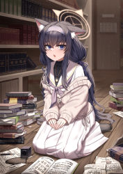 Rule 34 | 1girl, absurdres, animal ear fluff, animal ears, bags under eyes, black hair, black undershirt, blue archive, blue eyes, blue hairband, book, book stack, bookshelf, cardigan, cat ears, di le to, grey cardigan, grey neckerchief, hairband, halo, highres, inkwell, long skirt, low twintails, neckerchief, open book, paper, pleated skirt, quill, sailor collar, school uniform, seiza, serafuku, sitting, skirt, solo, twintails, ui (blue archive), white sailor collar, white serafuku, white skirt