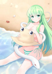 Rule 34 | 1girl, beach, blush, breasts, convenient censoring, covering breasts, covering privates, crab, green eyes, green hair, hat, highres, kochiya sanae, large breasts, looking at viewer, matching hair/eyes, mishaguji, ocean, panties, popomu, pyonta, sand, sitting, smile, snake, solo, sparkle, striped clothes, striped panties, sunlight, touhou, underwear