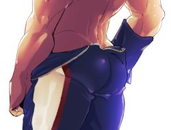 Rule 34 | 1boy, all might, anzhisuo (@hibh69), ass, ass focus, bad id, bad twitter id, bara, bare back, bodysuit, boku no hero academia, close-up, from behind, lower body, male focus, muscular, muscular male, open bodysuit, open clothes, pectorals, skin tight, smile, solo, sweat, textless version, thick thighs, thighs, unzipped