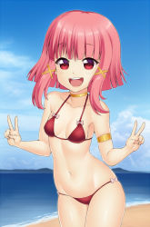 Rule 34 | 1girl, bare shoulders, beach, belly, bikini, breasts, choker, cloud, day, double v, hair ornament, jewelry, looking at viewer, md5 mismatch, necklace, ocean, open mouth, original, pink hair, red bikini, red eyes, resolution mismatch, ribbon, short hair, sky, small breasts, smile, solo, source larger, summer, swimsuit, v, zeshgolden