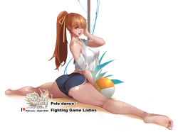 Rule 34 | 1girl, ass, ball, bare shoulders, barefoot, breasts, brown eyes, brown hair, commentary, covered erect nipples, dead or alive, english commentary, highres, hu dako, kasumi (doa), long hair, looking at viewer, pole, ponytail, shorts, smile, solo, split, stripper pole, tecmo, volleyball (object)