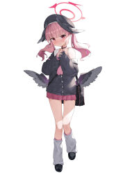 Rule 34 | 1girl, absurdres, avant garde (artist), bag, beret, black footwear, black hat, black shirt, black wings, blue archive, blush, closed mouth, full body, halo, hat, head wings, highres, koharu (blue archive), long hair, long sleeves, looking at viewer, pink eyes, pink hair, pleated skirt, red halo, red skirt, sailor collar, sailor shirt, school bag, shirt, shoes, simple background, skirt, socks, solo, twintails, white background, white sailor collar, white socks, wings