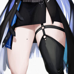 Rule 34 | 1girl, ameiarts, black hair, black skirt, black thighhighs, blue hair, colored inner hair, commentary, english commentary, highres, hololive, hololive english, long hair, lower body, miniskirt, mole, mole on thigh, multicolored hair, nerissa ravencroft, nerissa ravencroft (1st costume), o-ring, o-ring thigh strap, pencil skirt, side slit, simple background, single thighhigh, skirt, solo, thigh focus, thigh strap, thighhighs, thighs, very long hair, virtual youtuber, white background