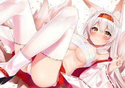 Rule 34 | 10s, 1girl, animal ears, blush, breasts, closed mouth, dutch angle, fox ears, fox tail, fundoshi, hair between eyes, hairband, highres, japanese clothes, kantai collection, kemonomimi mode, large breasts, long hair, miko, multiple tails, nail polish, nezumi doshi, panties, pleated skirt, ribbon-trimmed legwear, ribbon-trimmed sleeves, ribbon trim, sandals, sarashi, shoukaku (kancolle), silver hair, skirt, solo, tabi, tail, thighhighs, underboob, underwear, wavy mouth, white panties, yellow eyes
