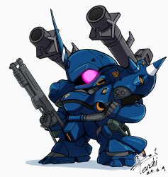 Rule 34 | bazooka (gundam), chibi, clenched hand, commentary request, dated, finger on trigger, full body, gun, gundam, gundam 0080, highres, holding, holding gun, holding weapon, horns, kampfer (mobile suit), looking at viewer, mecha, mecha focus, mobile suit, no humans, one-eyed, purple eyes, robot, science fiction, sd gundam, shadow, shotgun, shoulder spikes, signature, simple background, single horn, solo, spikes, standing, sturm faust, weapon, white background, yoo tenchi, zeon