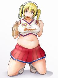 Rule 34 | 1girl, bare shoulders, belly, blonde hair, blush, breasts, cheerleader, crop top, doughnut, female focus, food, headphones, highres, large breasts, looking at viewer, midriff, miniskirt, mouth hold, navel, nitroplus, plump, shigekikkusu, shoes, short hair, skirt, sleeveless, sneakers, solo, super pochaco, twintails