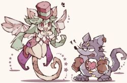 Rule 34 | 1boy, 1girl, animal ears, blush stickers, breasts, ear tag, gloves, green hair, hat, heart, highres, hole on body, leotard, mad rat, mad rat dead, mouse (animal), mouse ears, mouse girl, mouse tail, nippon ichi, rat god, red eyes, ribs, stitches, tail, tie clip, top hat, wings, wrist cuffs