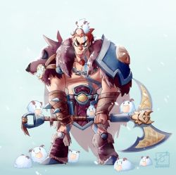 Rule 34 | 1boy, alternate costume, axe, brown hair, chain, darius (league of legends), draven, facial hair, facial mark, goatee, inkinesss, league of legends, male focus, poro (league of legends), snow, solo, tongue, tongue out, weapon, woad king darius