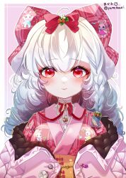Rule 34 | 1girl, absurdres, animal print, blush, bow, braid, breasts, buttons, chinese zodiac, choker, curly hair, drill hair, hair bow, highres, jacket, japanese clothes, jewelry, kimono, light smile, long hair, looking at viewer, makako (yume bouei shoujo tai), medium breasts, necklace, new year, off shoulder, original, pendant, quilted clothes, quilted jacket, rabbit print, red eyes, ribbon, ribbon choker, side braid, smile, solo, straight-on, upper body, white hair, year of the rabbit