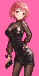 Rule 34 | 1girl, black dress, breasts, brown pantyhose, commentary request, dress, hand on own hip, highres, holding, long sleeves, lunacle, medium breasts, original, pantyhose, pink background, pink hair, puffy long sleeves, puffy sleeves, red eyes, see-through, see-through sleeves, simple background, solo, wallet